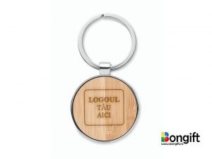 Breloc rotund bambus si metal personalizat cu logo firma