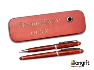 Set pix si stilou din lemn, accesorii argintii, personalizat cu nume si text
