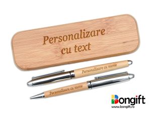 Set pix si roller din bambus, in cutie bambus, personalizate prin gravare laser
