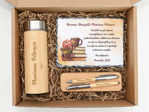 Set cadou personalizat pentru profesor/diriginte: Ardezie, termos, set pix si roller