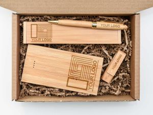 Set Cadou Corporate Personalizat Model 11 – Powerbank, Stick USB, Pix Premium din Bambus