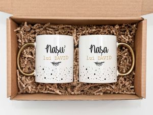 Set cani personalizate cu maner auriu "Nasi de botez"