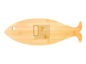 Tocator din bambus in forma de peste personalizat cu logo prin gravare laser