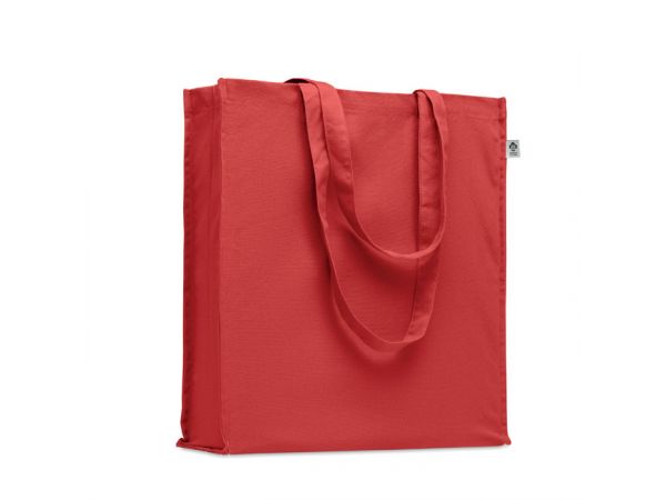 Sacosa cumparaturi, bumbac organic, burduf, 220g/mp, rosie, personalizata cu LOGO