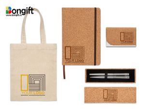 Set cadou corporate, model 101: mini sacosa cadou, carnetel A5 pluta, set de pixuri din inox, suport carti vizita