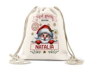 Saculet canvas pentru cadouri personalizat "Mos Craciun"