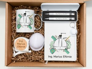 Set cadou personalizat "Inginer", cana ceramica, minge antistres, breloc casca, ruleta, carnetel, pixuri