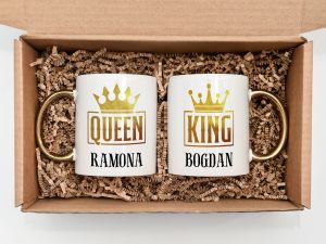 Set cani personalizate cu maner auriu "King&Queen"