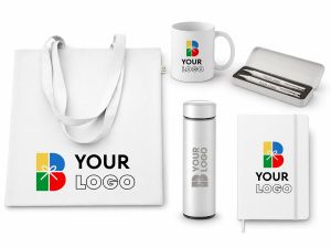 Set cadou corporate "White gift": sacosa, termos, cana, set pix si creion, carnetel a5