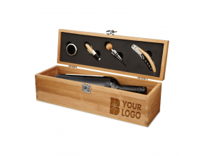 Cutie vin bambus cu accesorii, personalizata cu LOGO