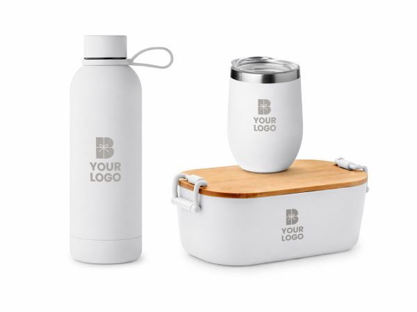 Set Materiale Promoționale Personalizate cu Logo Model 1 – Pahar, Sticlă Termo și Cutie de Prânz