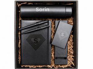 Set cadou deluxe personalizat "Black Diamond", termos, set pix roller, powerbank, carnetel A5