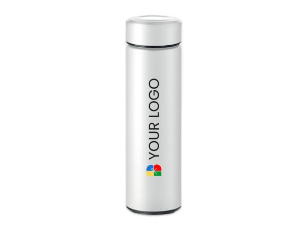 Termos din inox cu perete dublu, exterior alb, personalizat cu LOGO printare UV
