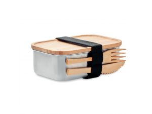 Cutie de prânz din inox, cu capac din bambus și 2 tacâmuri, personalizata cu logo – Lemn